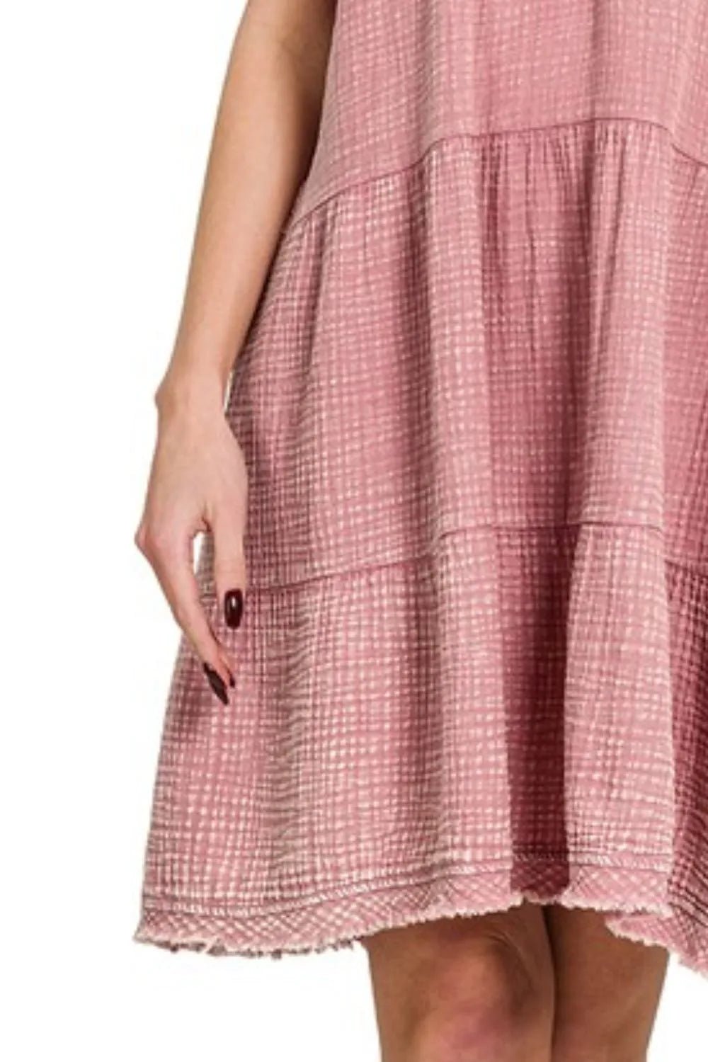 Zenana Washed Double Gauze Raw Edge V - Neck Dress - DILARIA