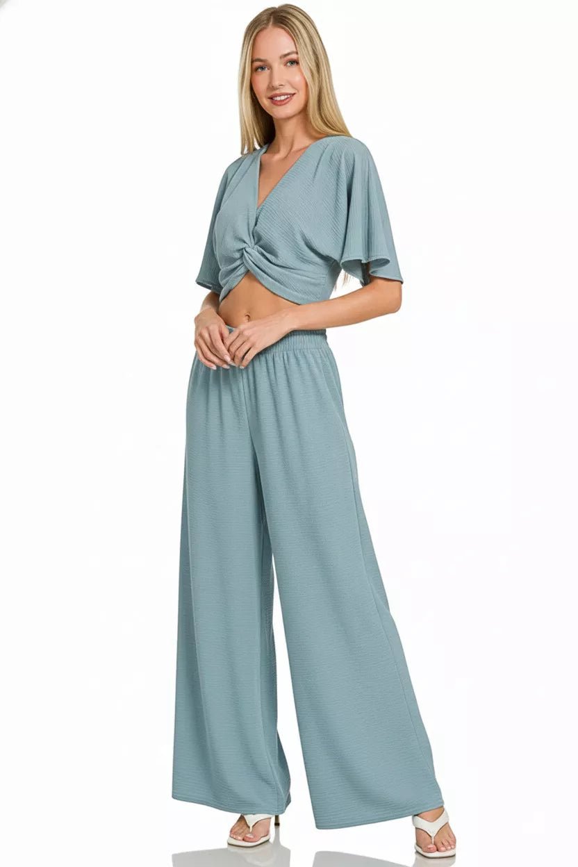 Zenana Woven Airflow Twisted Top & Wide Leg Pants Set - DILARIA