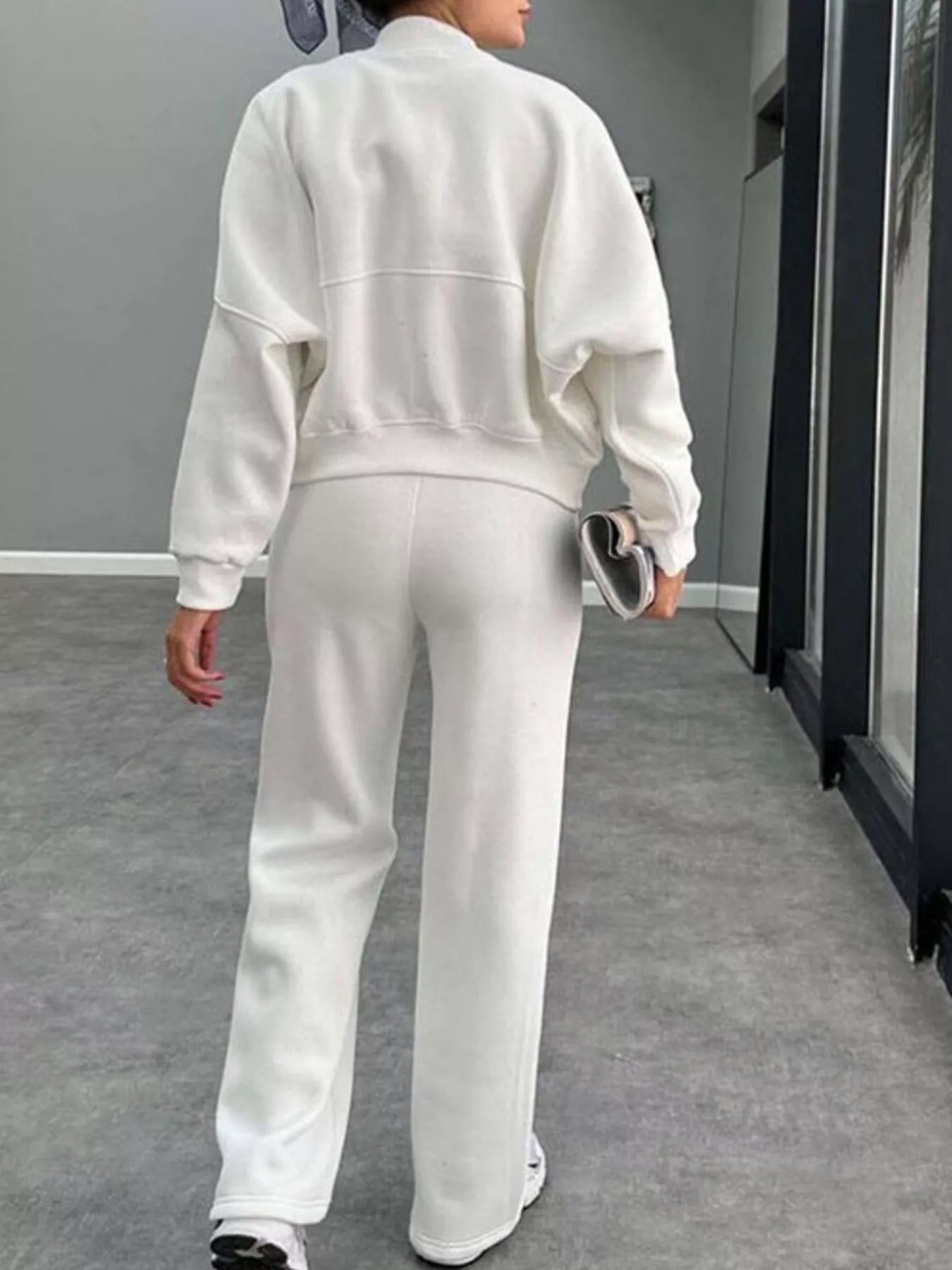 Zip Up Dropped Shoulder Outerwear and Pants Set - DILARIA