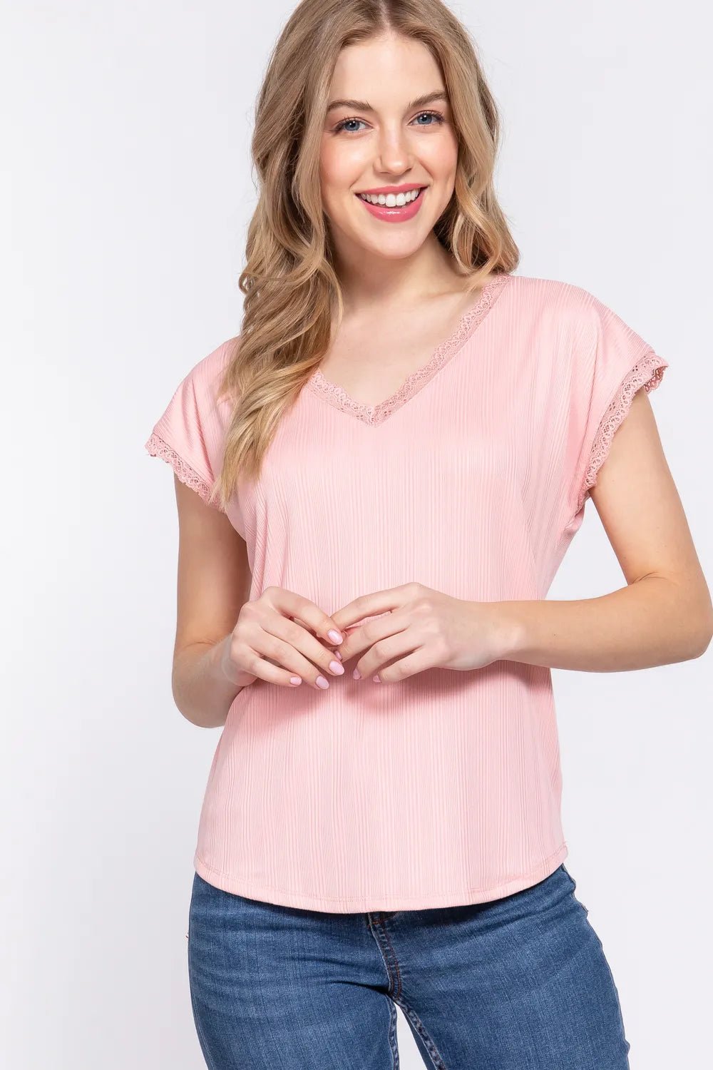 ACTIVE BASIC Lace Trim V - Neck Short Sleeve Ribbed Top - DILARIA