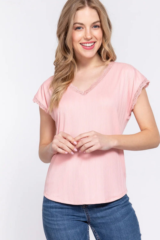 ACTIVE BASIC Lace Trim V - Neck Short Sleeve Ribbed Top - DILARIA