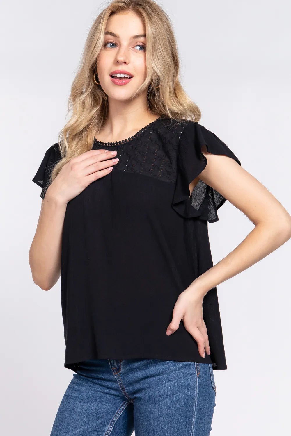 ACTIVE BASIC Ruffle Short Sleeve Crochet Blouse - DILARIA