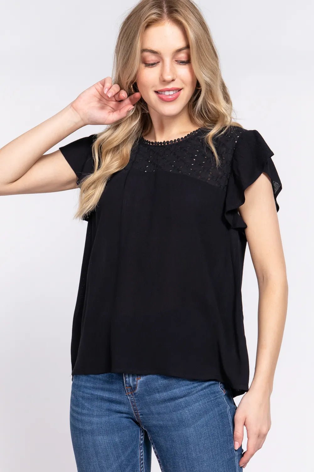 ACTIVE BASIC Ruffle Short Sleeve Crochet Blouse - DILARIA