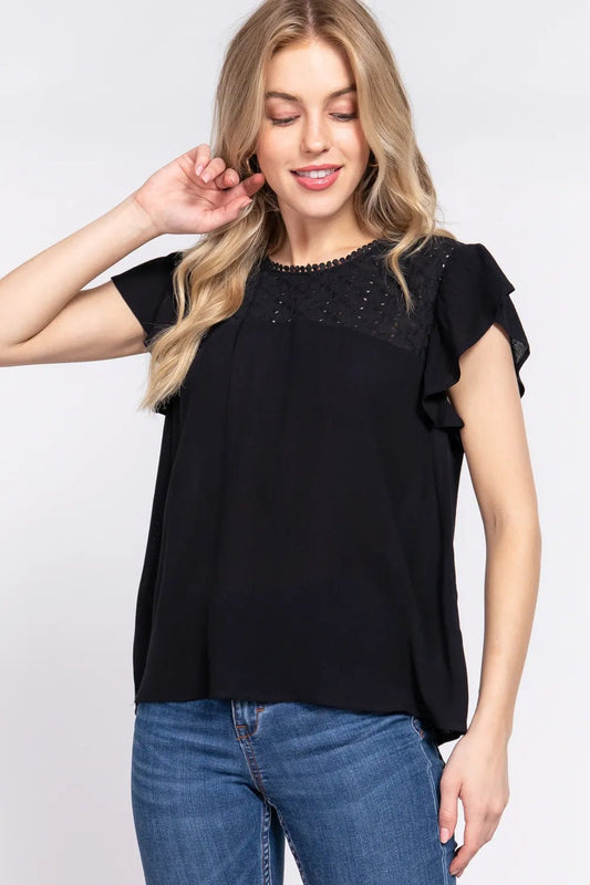 ACTIVE BASIC Ruffle Short Sleeve Crochet Blouse - DILARIA