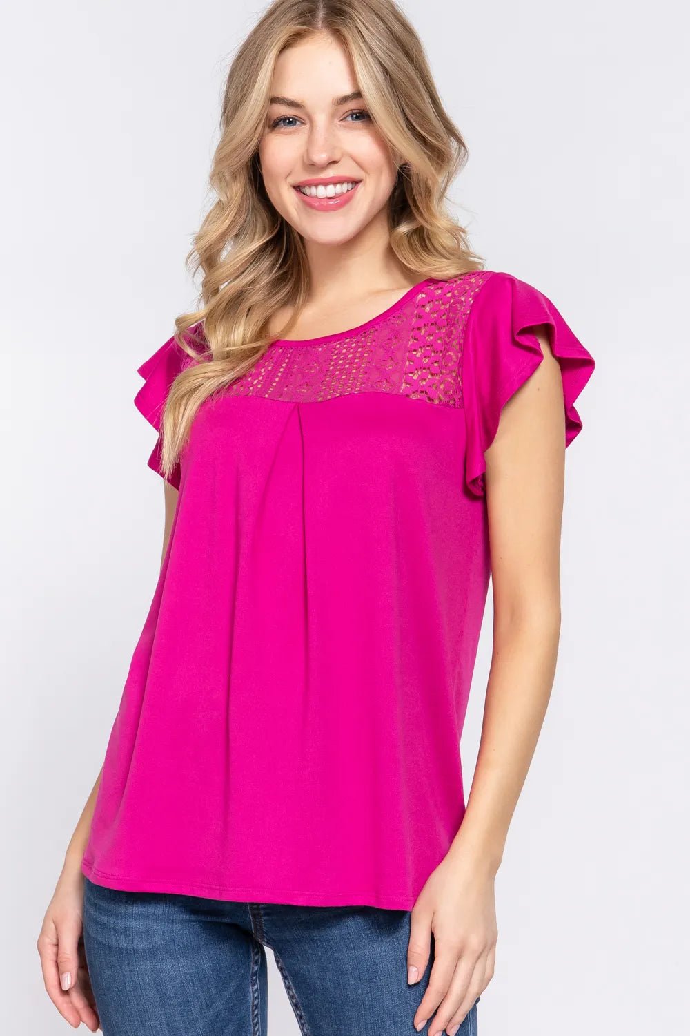 ACTIVE BASIC Ruffle Short Sleeve Lace Detail Knit Top - DILARIA
