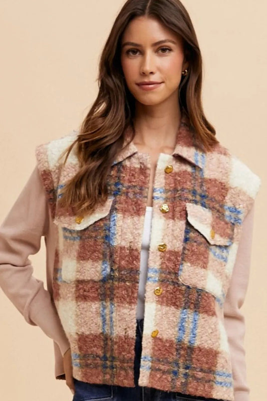 Annie Wear Faux Fur Plaid Button Up Jacket - DILARIA