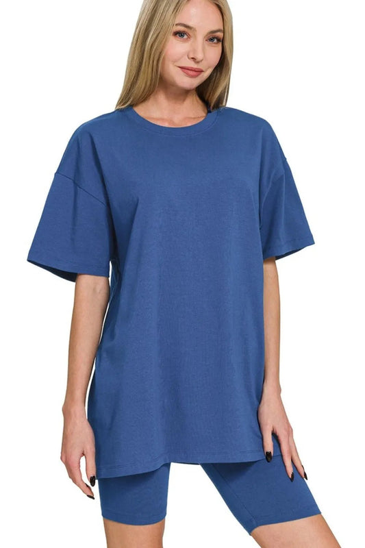 Zenana Cotton Round Neck Top & Biker Shorts - DILARIA