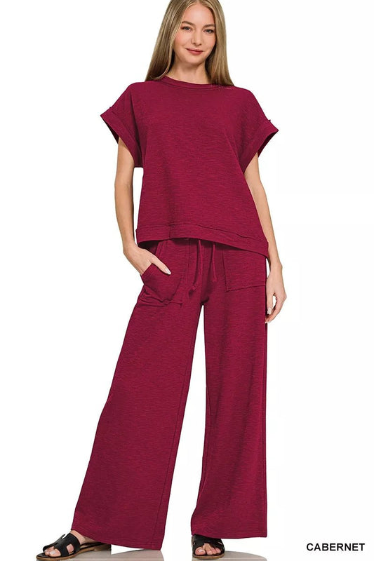 Zenana Cotton Slub Short Sleeve Tee and Pants Set - DILARIA