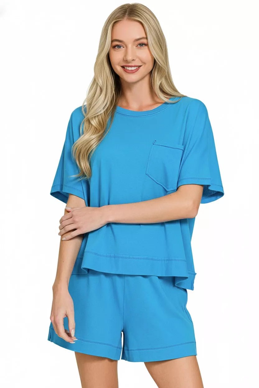 Zenana Exposed Seam Boxy Top & Shorts Set - DILARIA