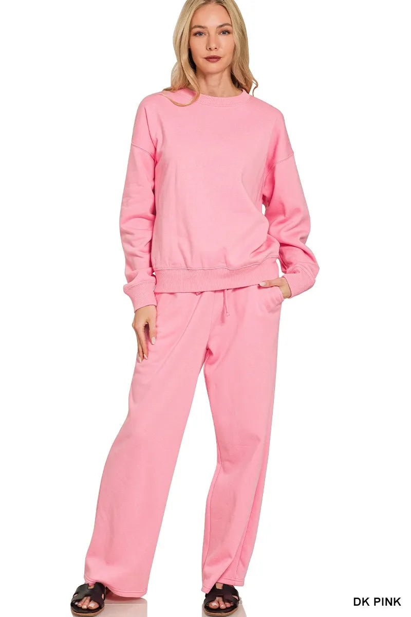 Zenana Fleece Long Sleeve Top and Sweatpants Set - DILARIA