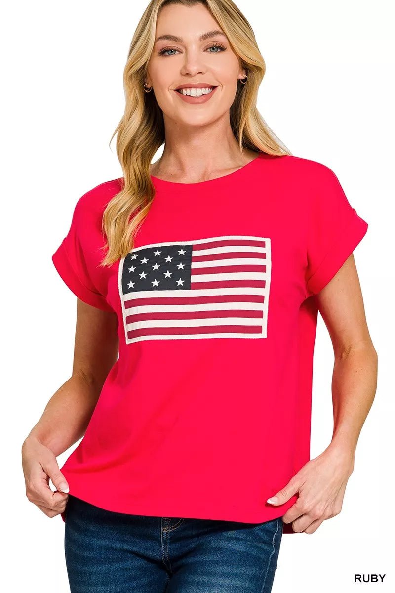 Zenana Full Size US Flag Round Neck Short Sleeve T-Shirt Plus Size - DILARIA