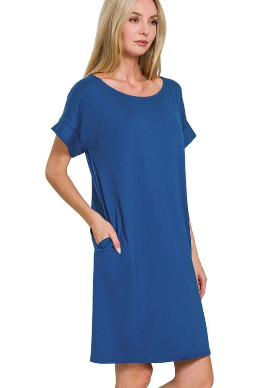 Zenana Rolled Short Sleeve Round Neck Dress - DILARIA