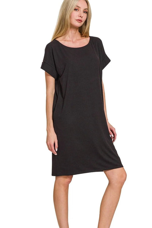 Zenana Rolled Short Sleeve Round Neck Dress - DILARIA