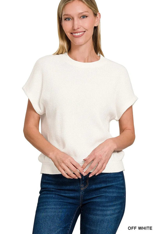 Zenana Round Neck Banded Botton Short Sleeve Sweater - DILARIA