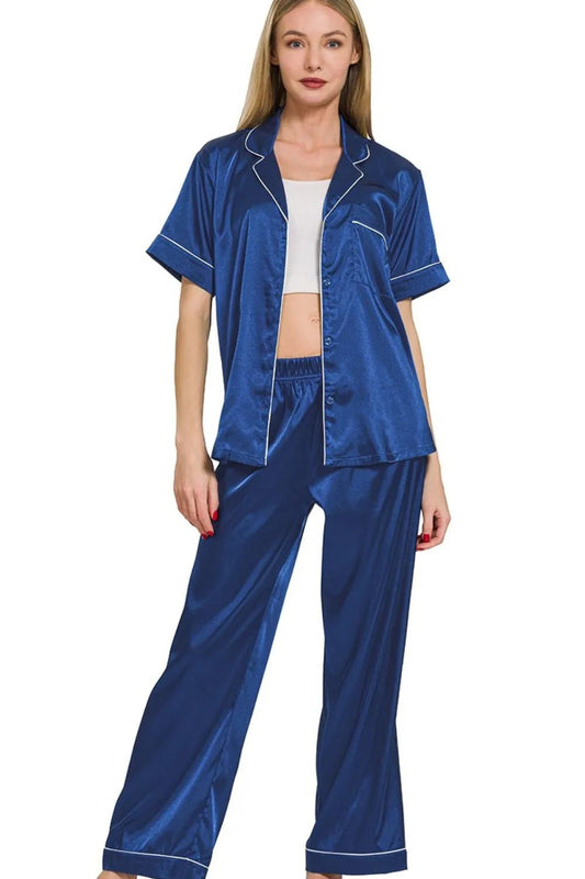 Zenana Satin Short Sleeve Top and Pants Pajama Set - DILARIA