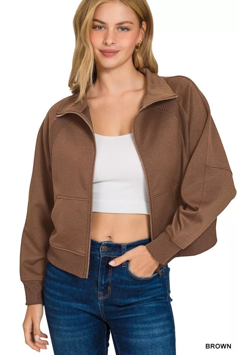 Zenana Scuba Full Zip Cropped Jacket with Pockets - DILARIA