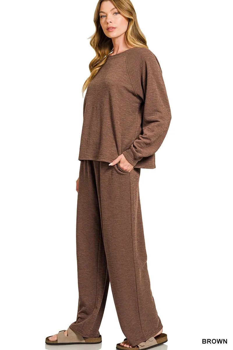 Zenana Slub Long Sleeve Top and Pants Lounge Set - DILARIA