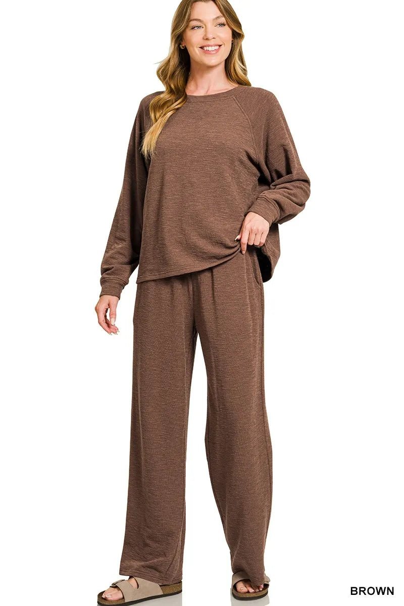 Zenana Slub Long Sleeve Top and Pants Lounge Set - DILARIA