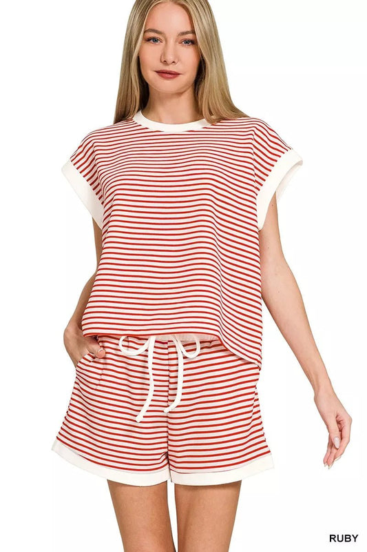 Zenana Stripe Contrast Trim Top & Shorts Set - DILARIA