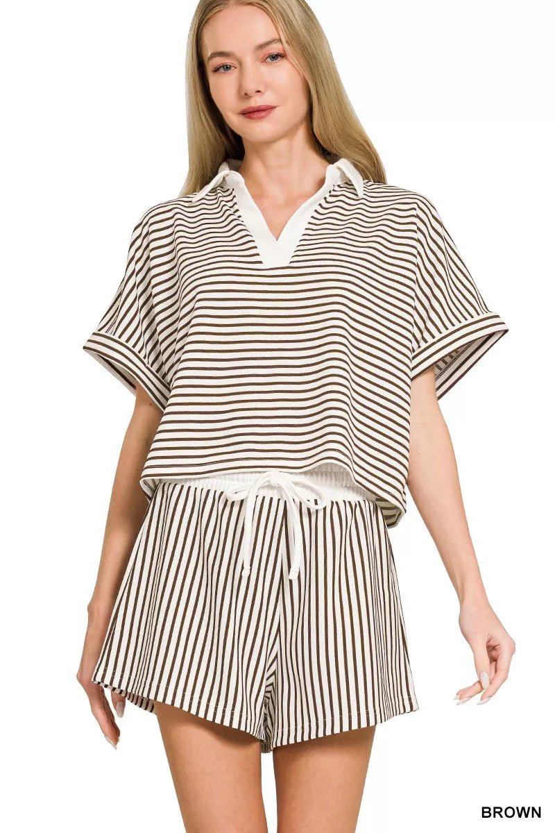 Zenana Striped Collared Top & Shorts Set - DILARIA