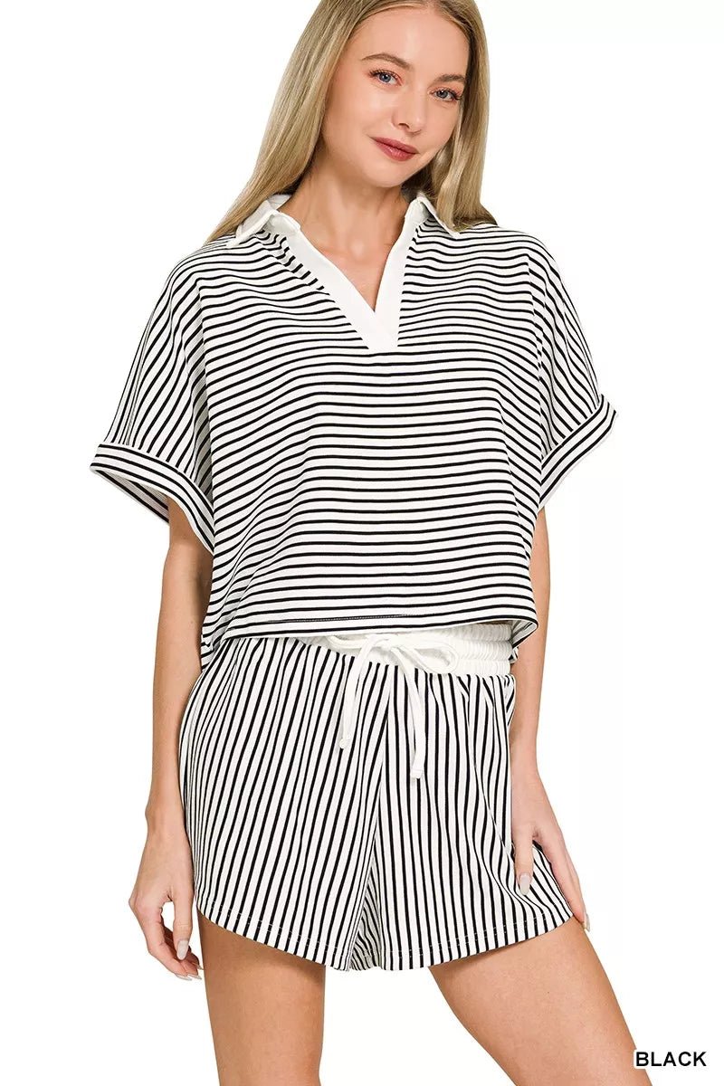 Zenana Striped Collared Top & Shorts Set - DILARIA