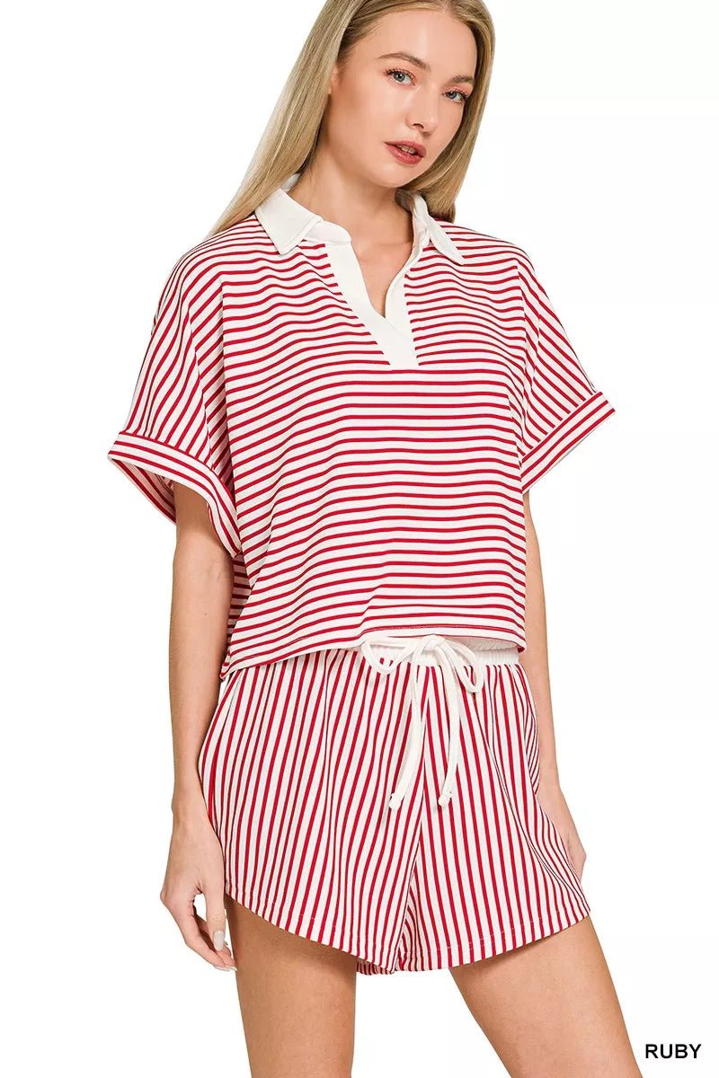 Zenana Striped Collared Top & Shorts Set - DILARIA