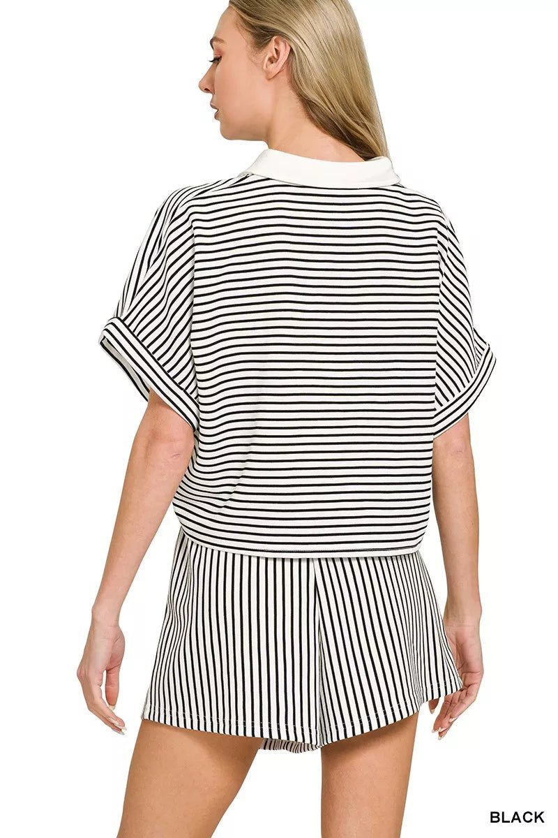 Zenana Striped Collared Top & Shorts Set - DILARIA