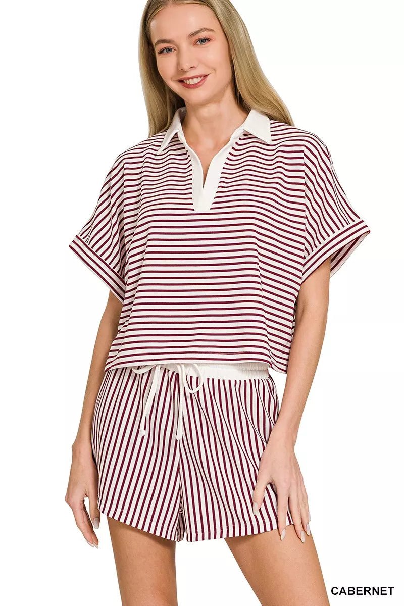 Zenana Striped Collared Top & Shorts Set - DILARIA