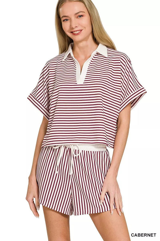 Zenana Striped Collared Top & Shorts Set - DILARIA