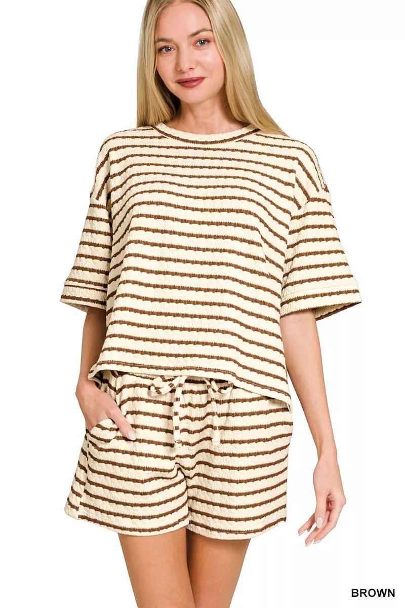Zenana Striped Short Sleeve Tee & Shorts Set - DILARIA