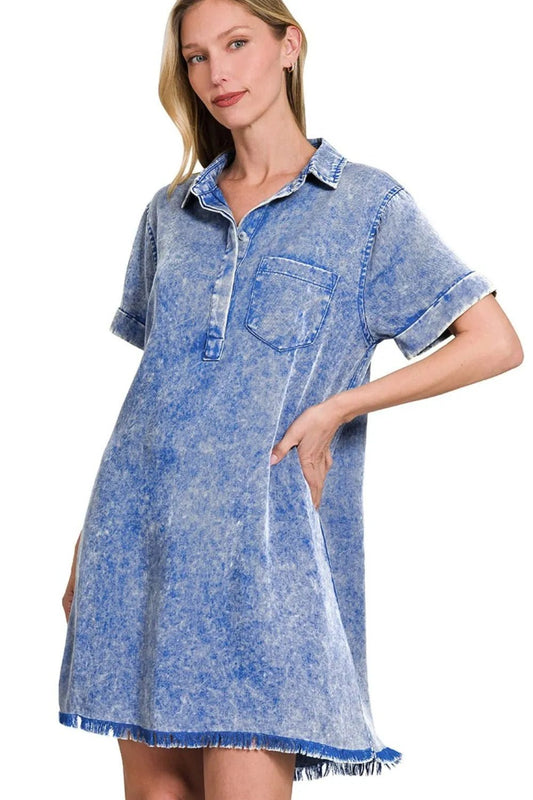 Zenana Tencel Mineral Washed Collared Shirts Dress - DILARIA