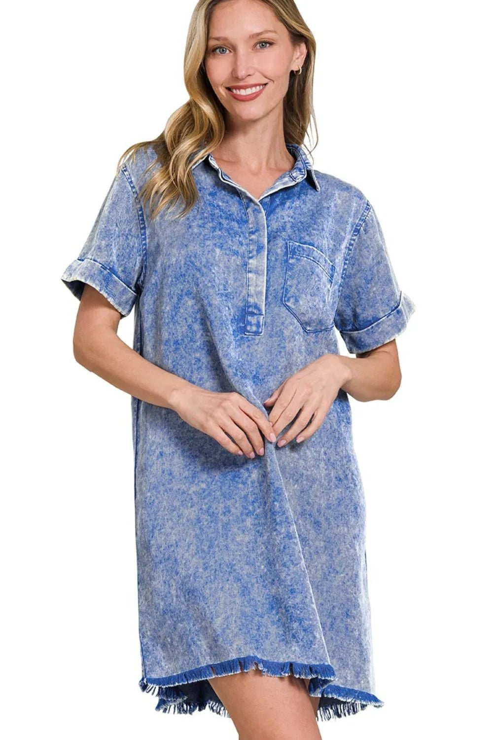 Zenana Tencel Mineral Washed Collared Shirts Dress - DILARIA