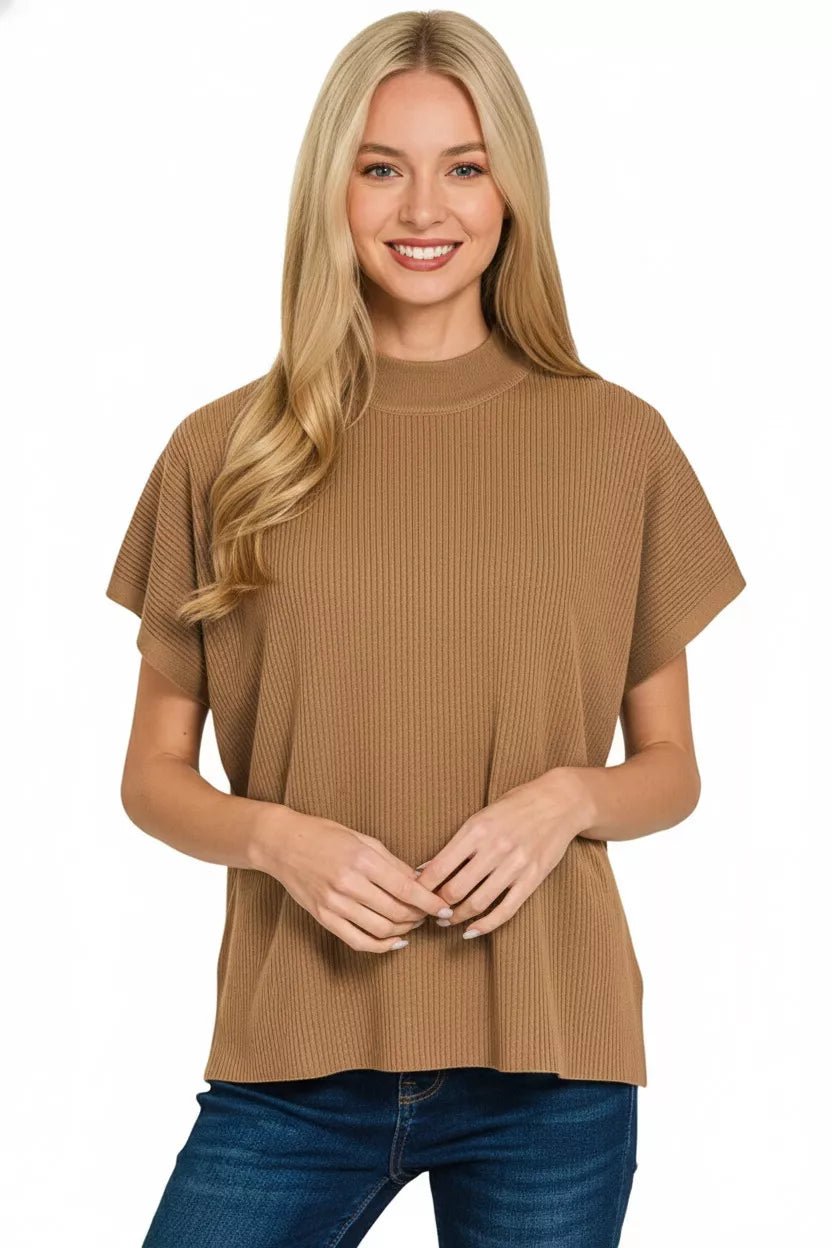 Zenana Viscose Mock Neck Short Sleeve Boxy Sweater - DILARIA