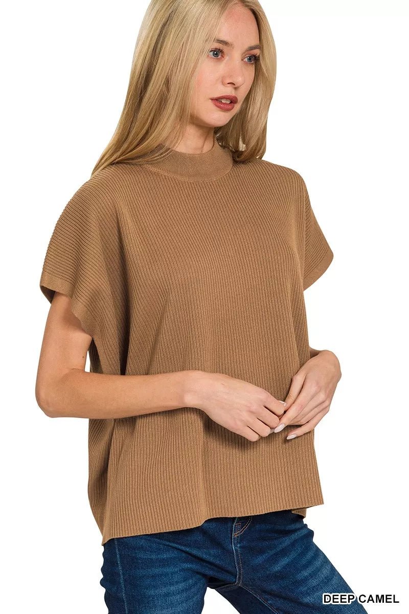 Zenana Viscose Mock Neck Short Sleeve Boxy Sweater - DILARIA