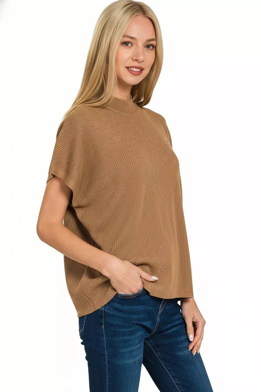 Zenana Viscose Mock Neck Short Sleeve Boxy Sweater - DILARIA