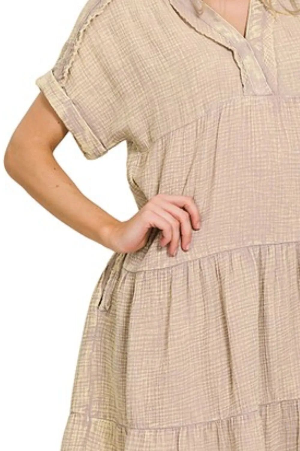 Zenana Washed Double Gauze Raw Edge Notched Dress - DILARIA
