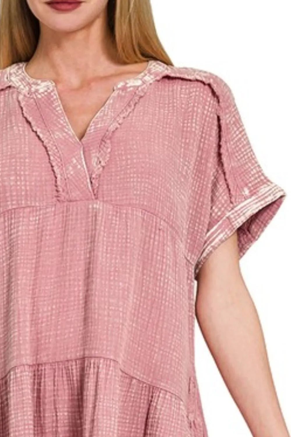 Zenana Washed Double Gauze Raw Edge V - Neck Dress - DILARIA