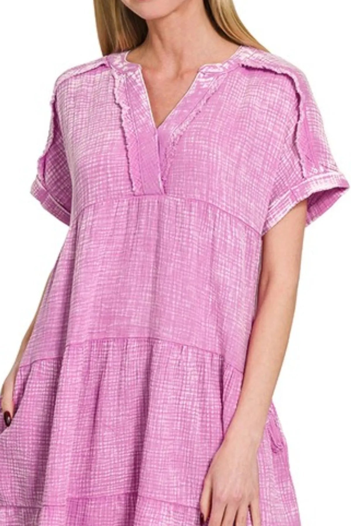 Zenana Washed Double Gauze Raw Edge V - neck Dress - DILARIA