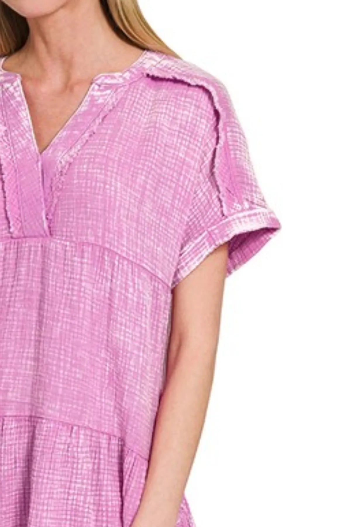 Zenana Washed Double Gauze Raw Edge V - neck Dress - DILARIA