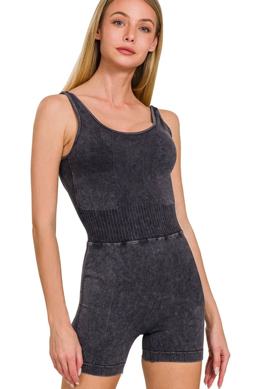 Zenana Washed Sports Romper With Removable Bra Pad - DILARIA