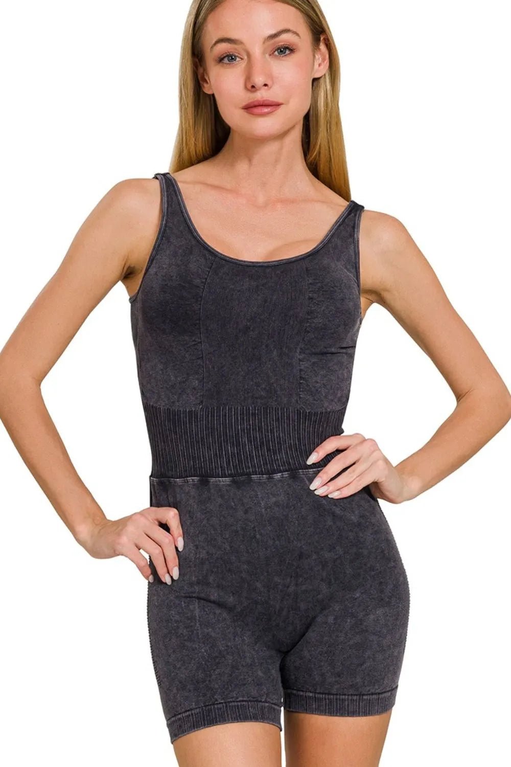 Zenana Washed Sports Romper With Removable Bra Pad - DILARIA
