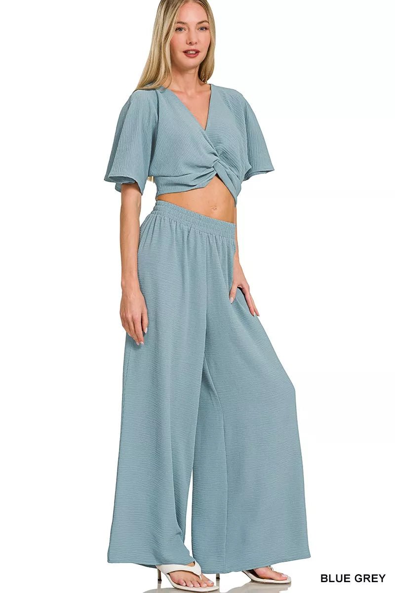 Zenana Woven Airflow Twisted Top & Wide Leg Pants Set - DILARIA