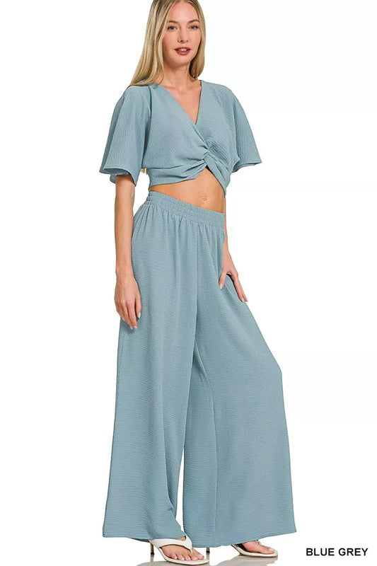 Zenana Woven Airflow Twisted Top & Wide Leg Pants Set - DILARIA