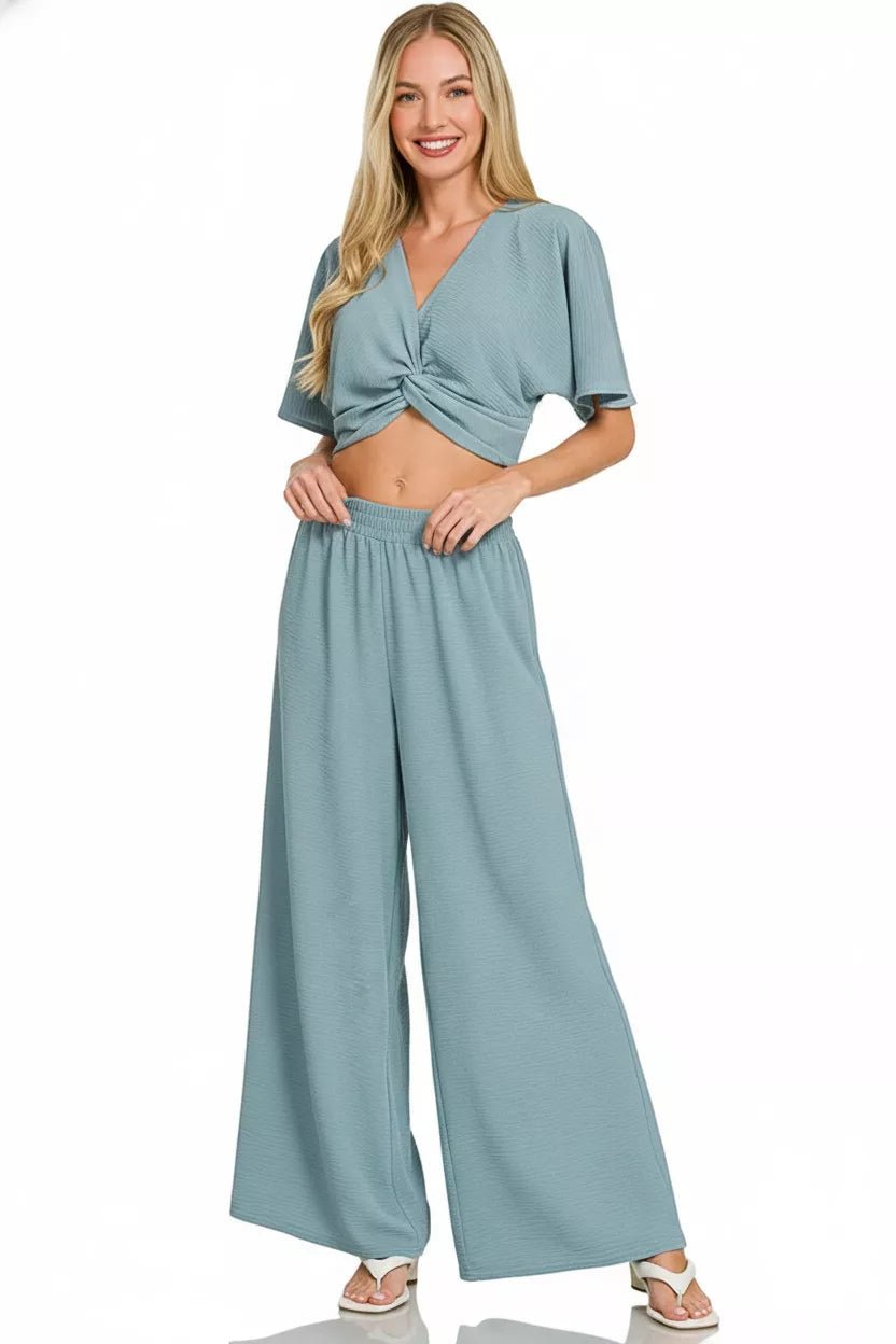 Zenana Woven Airflow Twisted Top & Wide Leg Pants Set - DILARIA