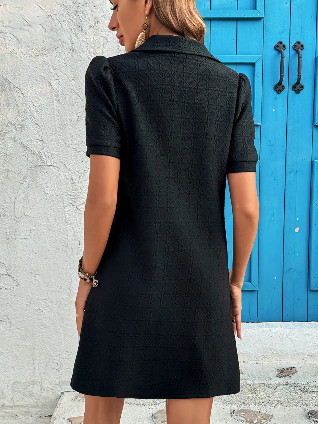 Zip Collar Short Sleeve Casual Mini Dress - DILARIA