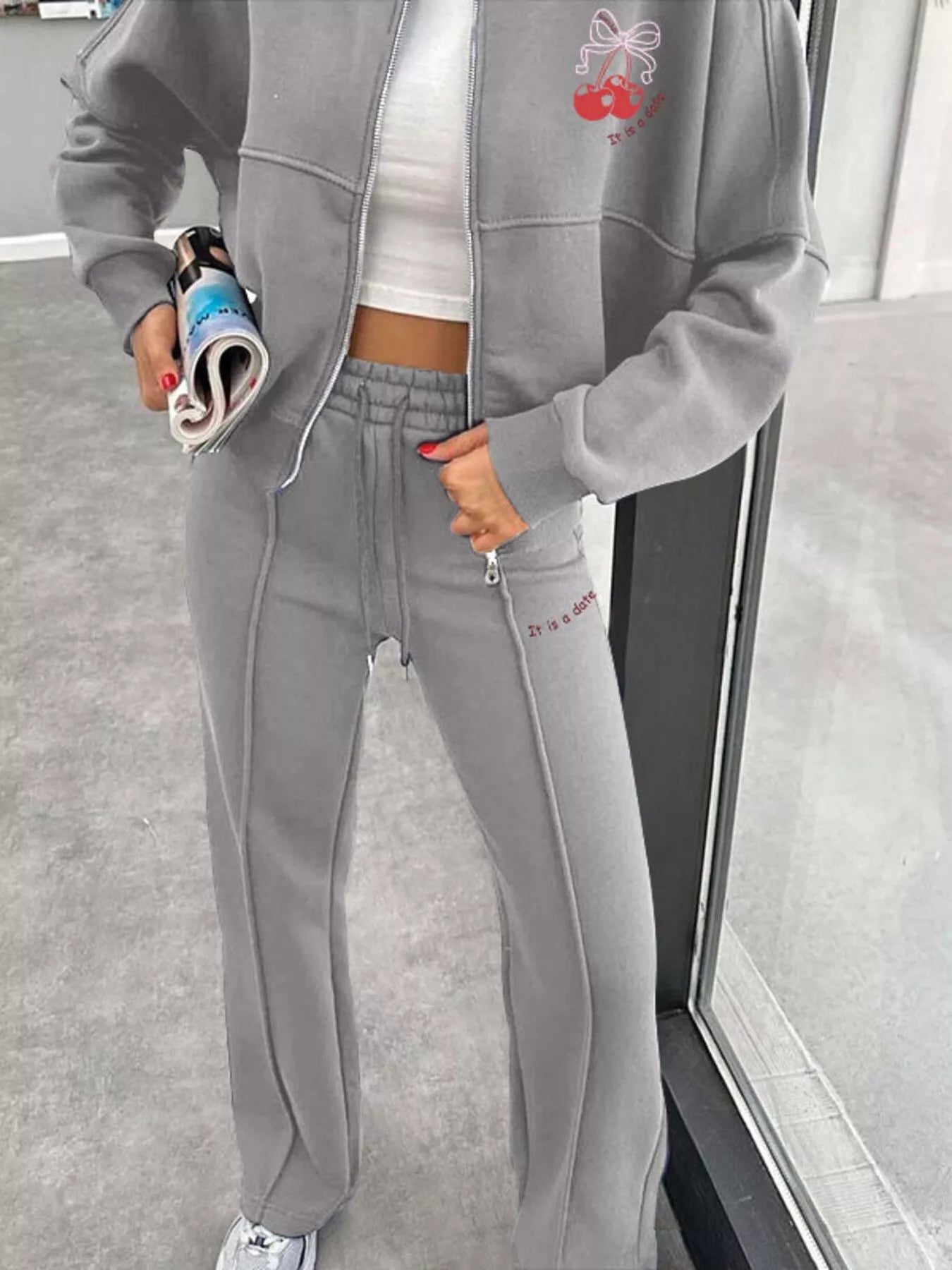 Zip Up Dropped Shoulder Outerwear and Pants Set - DILARIA