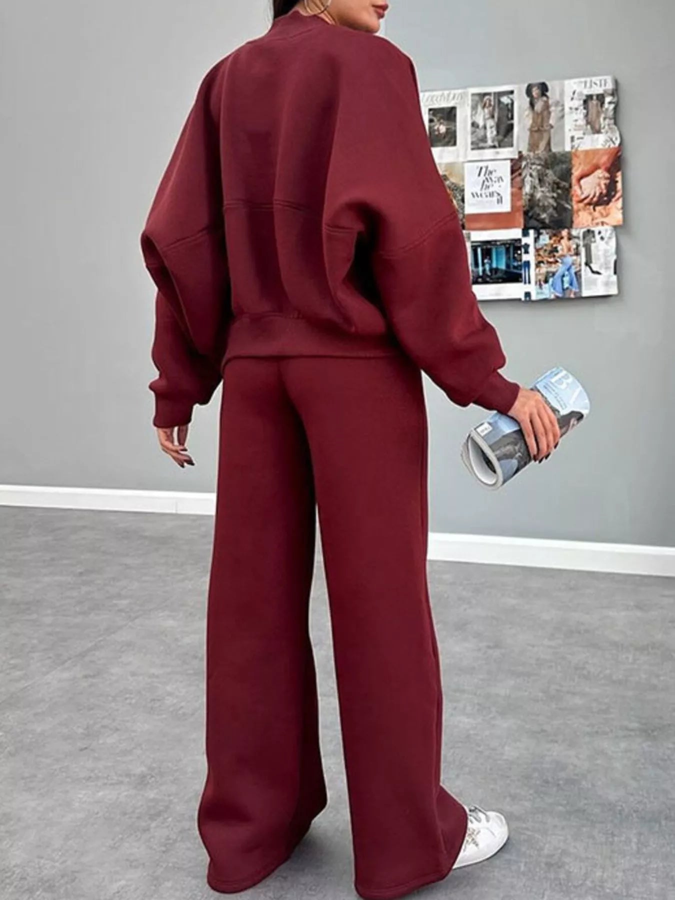 Zip Up Dropped Shoulder Outerwear and Pants Set - DILARIA