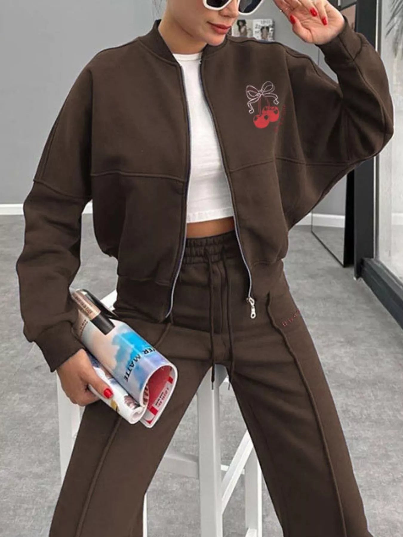 Zip Up Dropped Shoulder Outerwear and Pants Set - DILARIA