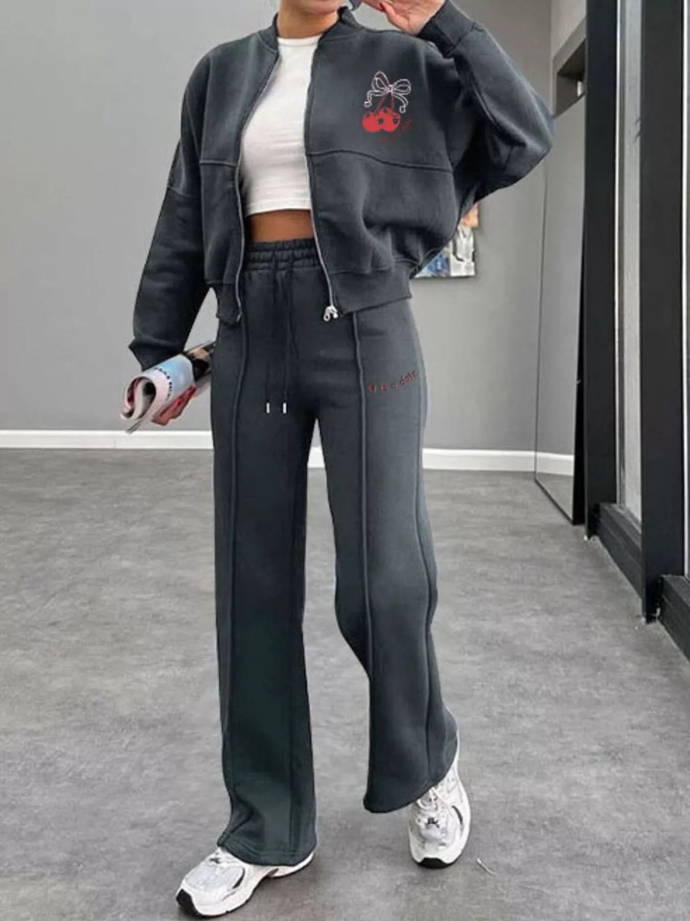 Zip Up Dropped Shoulder Outerwear and Pants Set - DILARIA