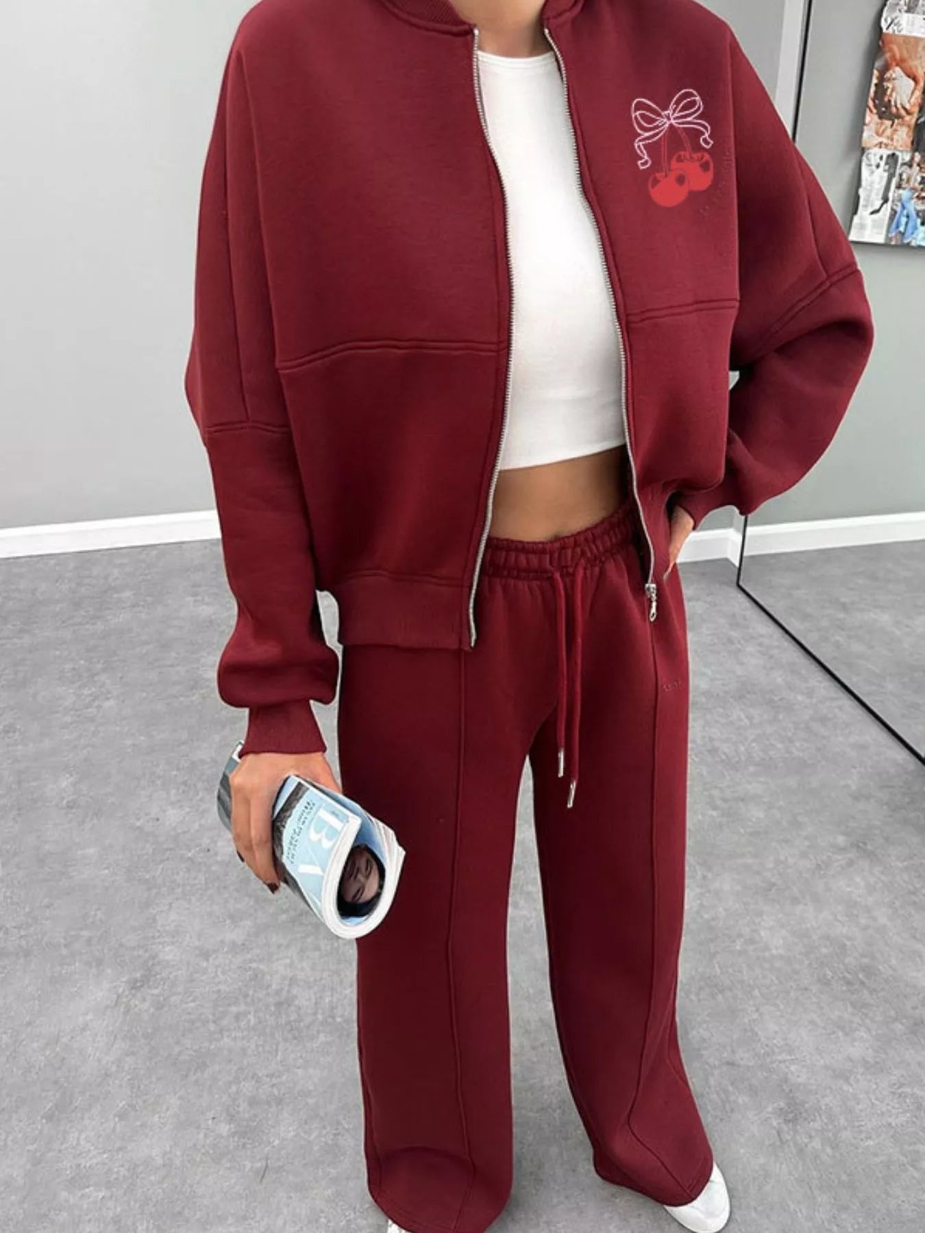 Zip Up Dropped Shoulder Outerwear and Pants Set - DILARIA